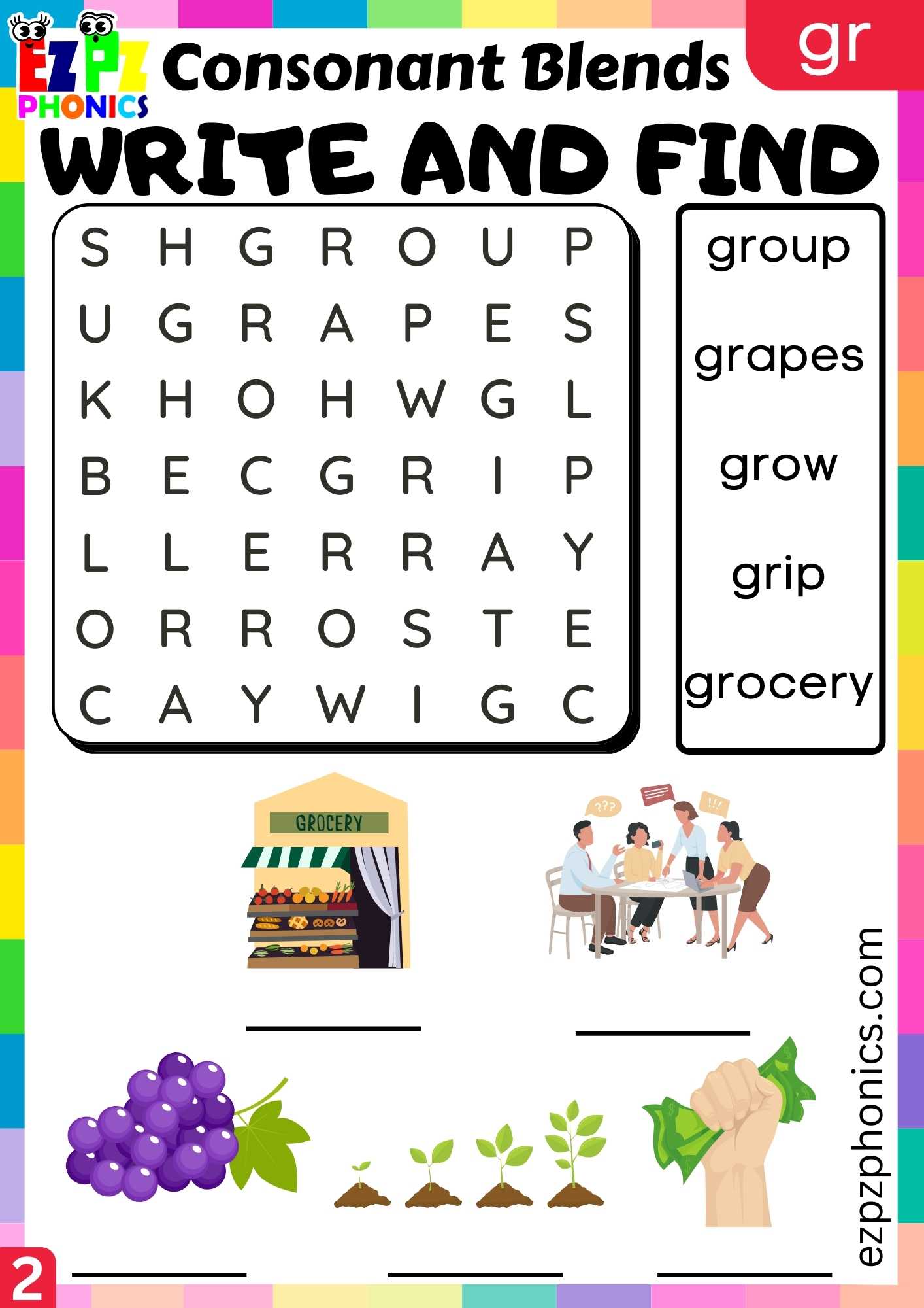 Group2 GR Words Write And Find Phonics Consonant Blends Worksheet